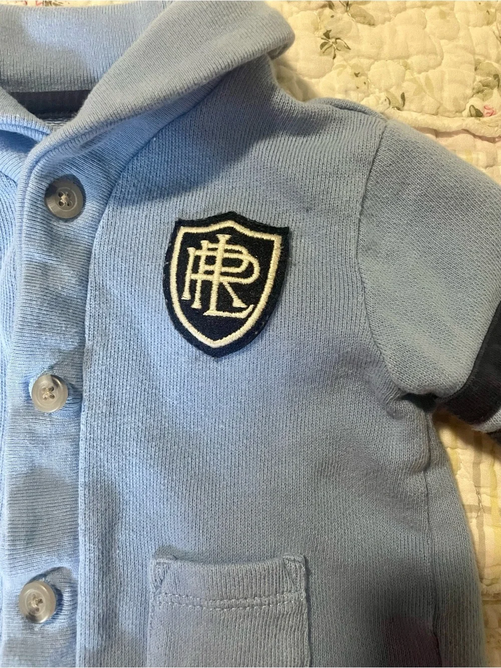 Ralph Lauren Baby Blue Shawl Collar Cardigan with Crest Patch